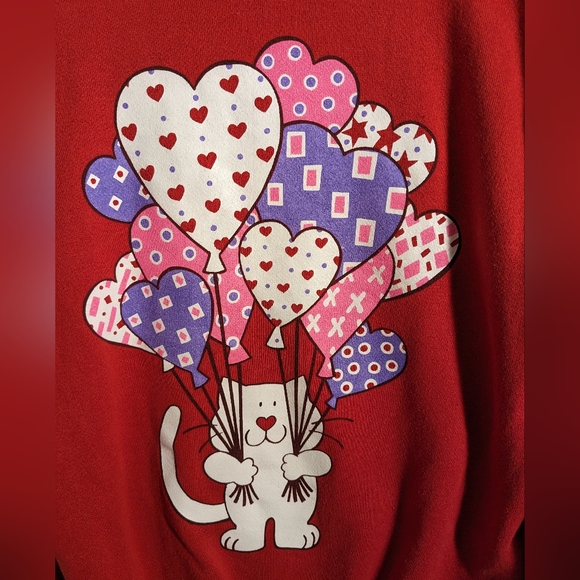 Red Crewneck Sweatshirt Cat with Balloons Valentine's Day Women's Small/Medium - Picture 3 of 5